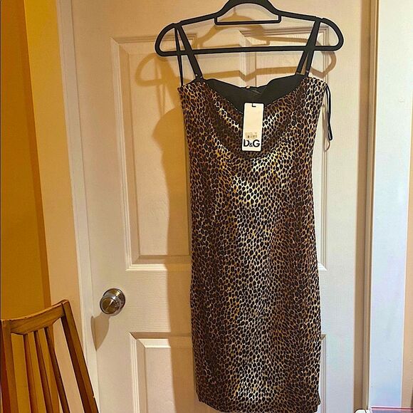 D&G Black & Gold Leopard Print Sleeveless Slip Dress - Picture 1 of 7